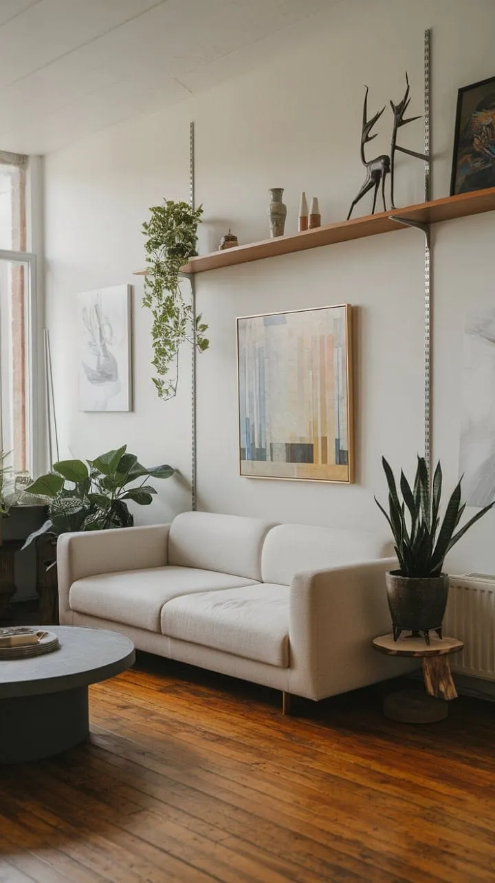 This modernist living room exemplifies "less is more," featuring a minimalist design that harmoniously blends a white sofa, round coffee table, and wooden shelving with vibrant art and plants for an airy sophistication.