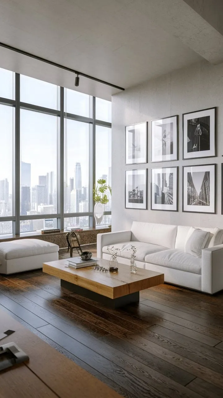 This minimalist apartment offers a serene urban retreat with breathtaking city views, featuring a chic white sofa, dark wood floors, and a stylish array of black and white photography.