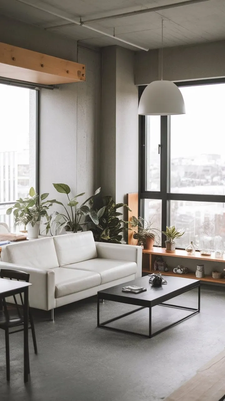 Sunlight dances through the large window, casting a warm glow on the minimalist decor and exposed concrete, harmoniously blending urban chic with serene comfort.
