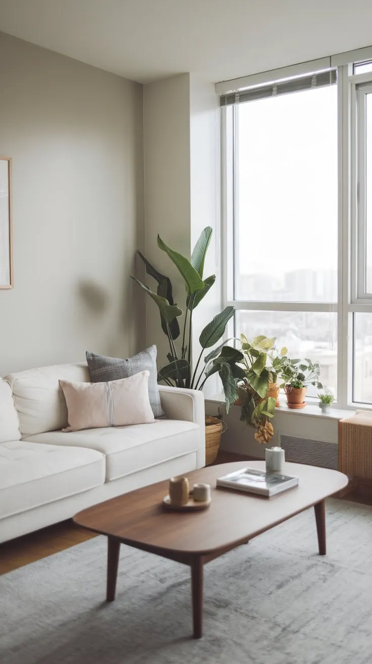 Minimalist design meets city views in this modern apartment's serene living room