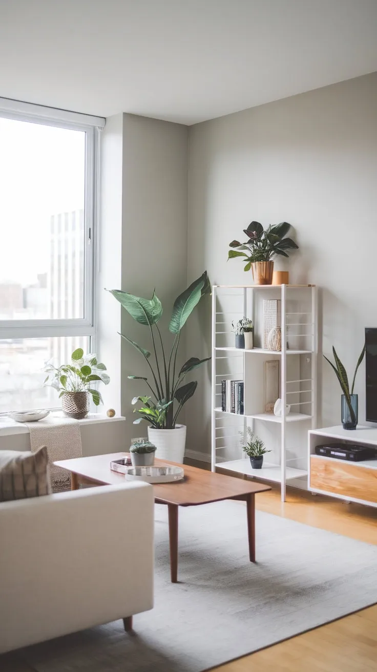 A minimalist white and gray living room boasts city views and a touch of nature.