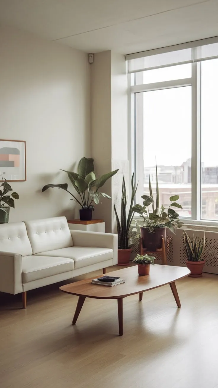 A light-filled apartment showcases a minimalist design with a stunning city vista.