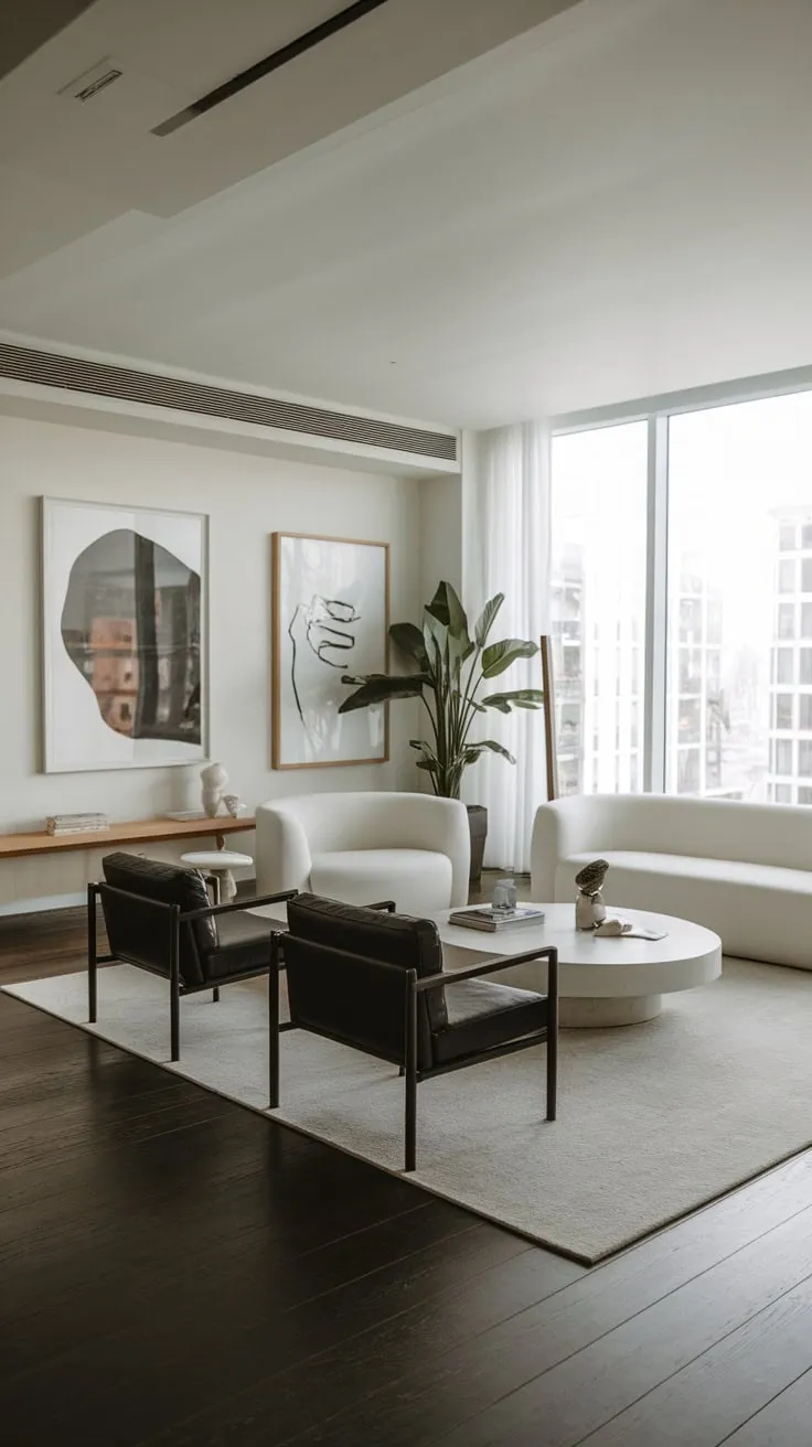 A sleek modern apartment boasts a minimalist design with a white sofa and black accents against a backdrop of dark wood floors and bright light.