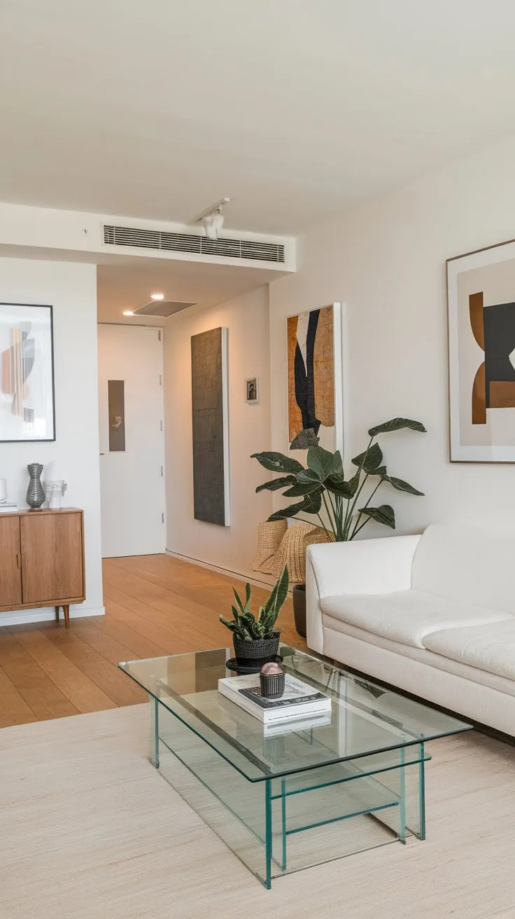 Light wood floors and a sleek wooden cabinet complete the stylish space