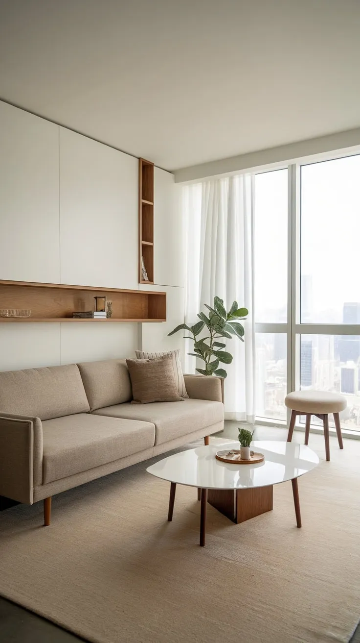 A modern apartment's minimalist living room boasts natural light, a calming beige palette, and a stunning city skyline view.