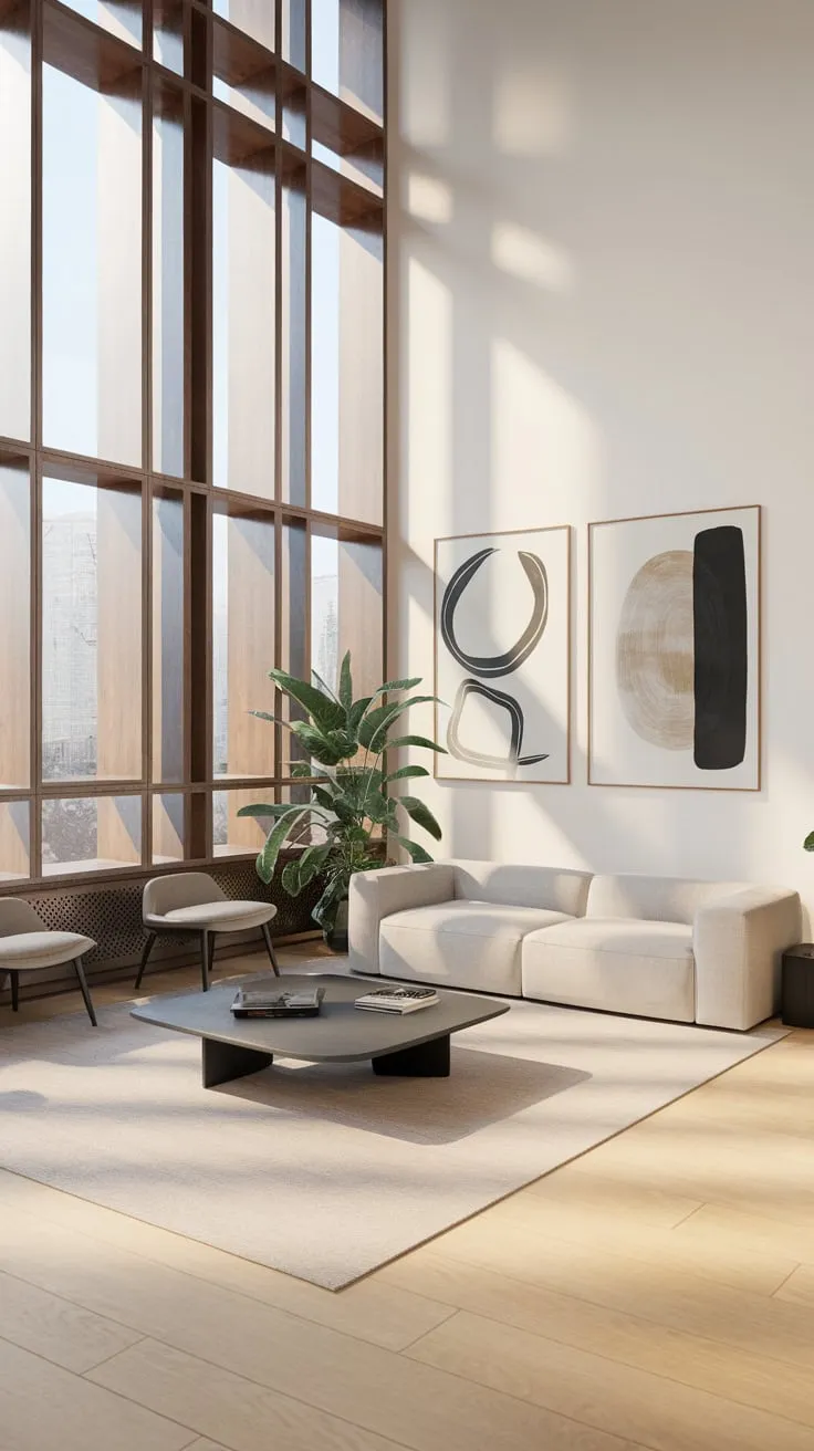 Clean lines and natural light define this modern apartment's stylish living space.