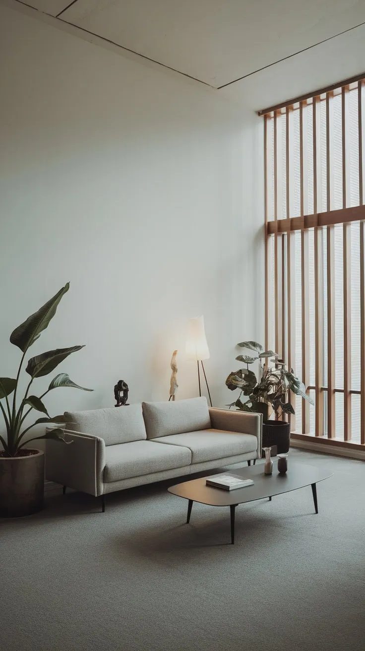 Soft light bathes a minimalist modern living room, its high ceiling and large window enhancing the calm sophistication of the space