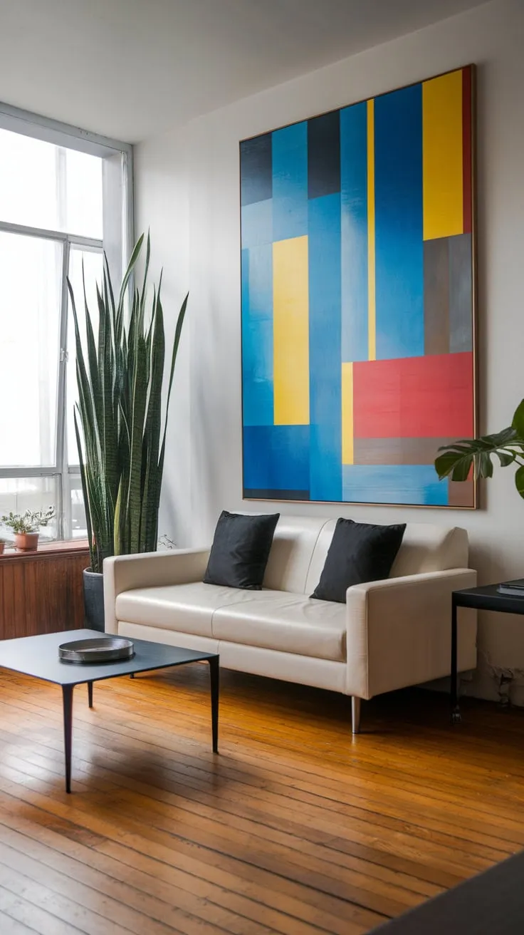 A minimalist white sofa anchors a modern apartment living room, accented by bold artwork and a touch of greenery on a warm wood floor