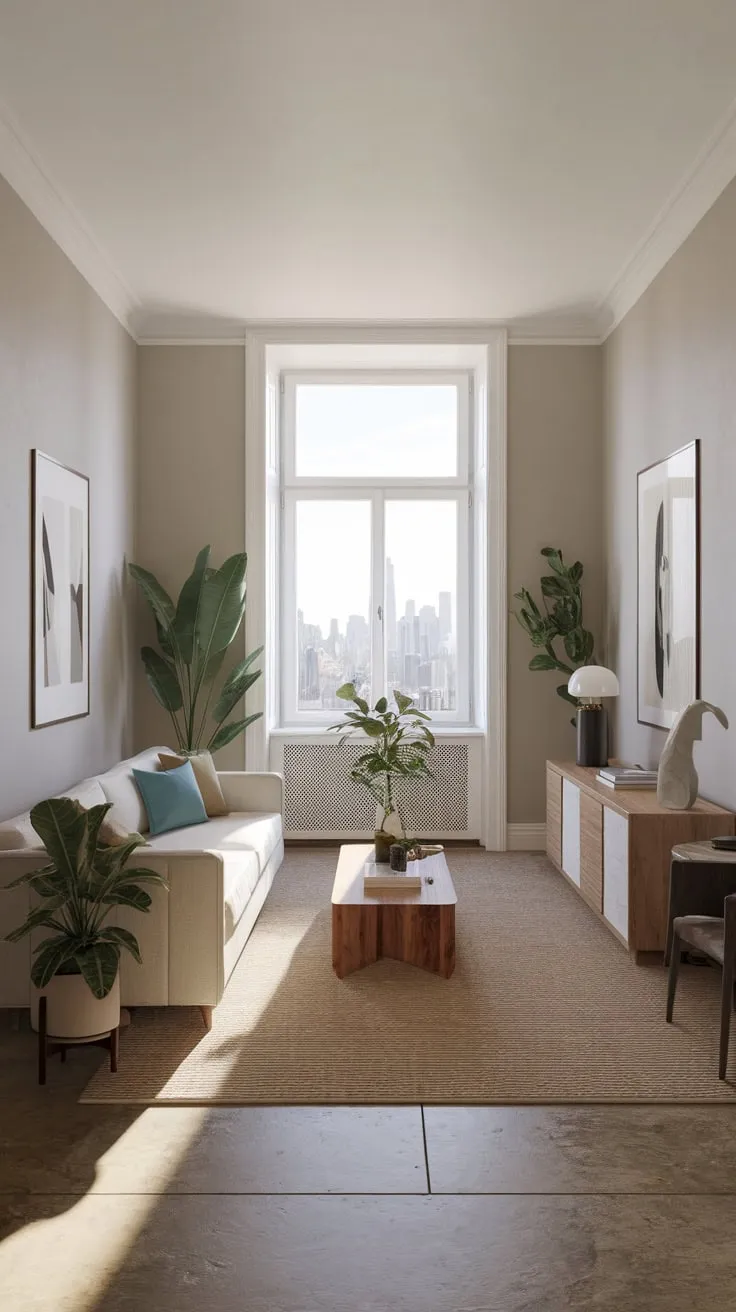 Sunlight floods a minimalist modern apartment living room showcasing a city view and natural stone floors