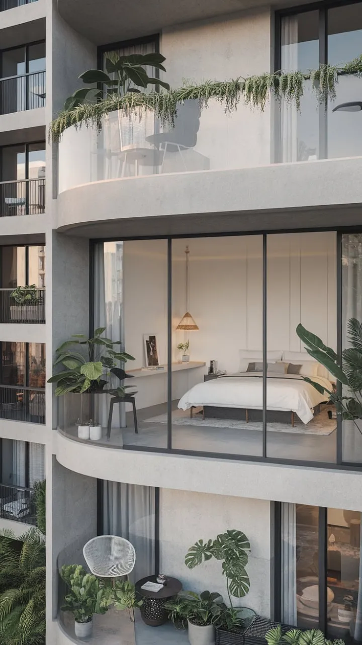 Experience serene urban living in this minimalist haven, where concrete walls and lush balcony greenery offer breathtaking city views.