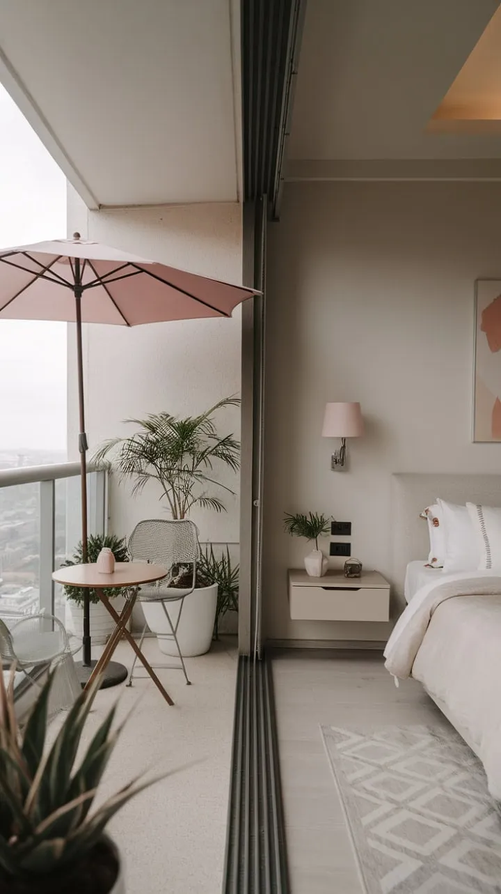 Experience tranquil city views and soothing greenery on your private balcony in this stylish minimalist retreat, designed for ultimate relaxation.