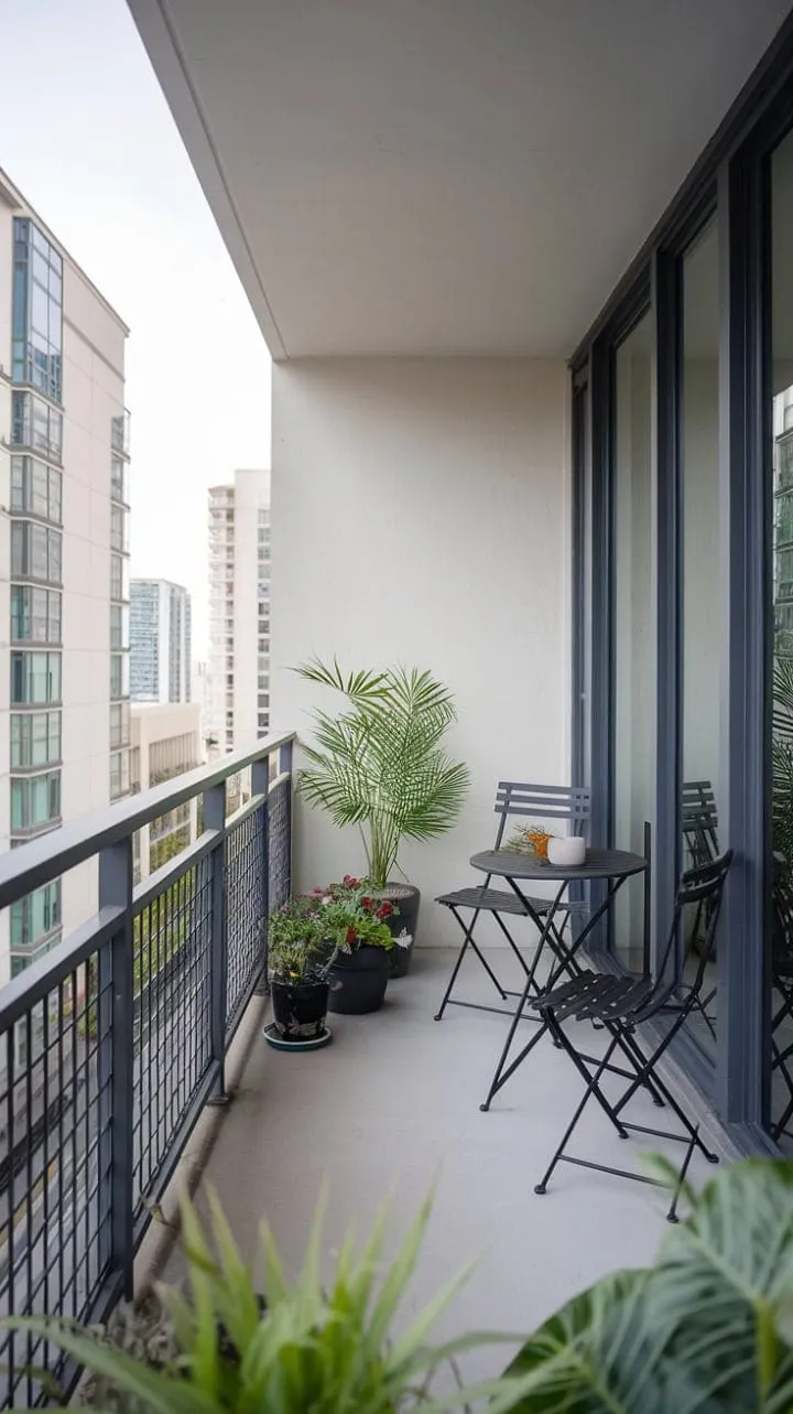 Perched above the city, this sleek balcony offers a serene oasis adorned with thoughtfully chosen plants, perfect for escaping the urban chaos.