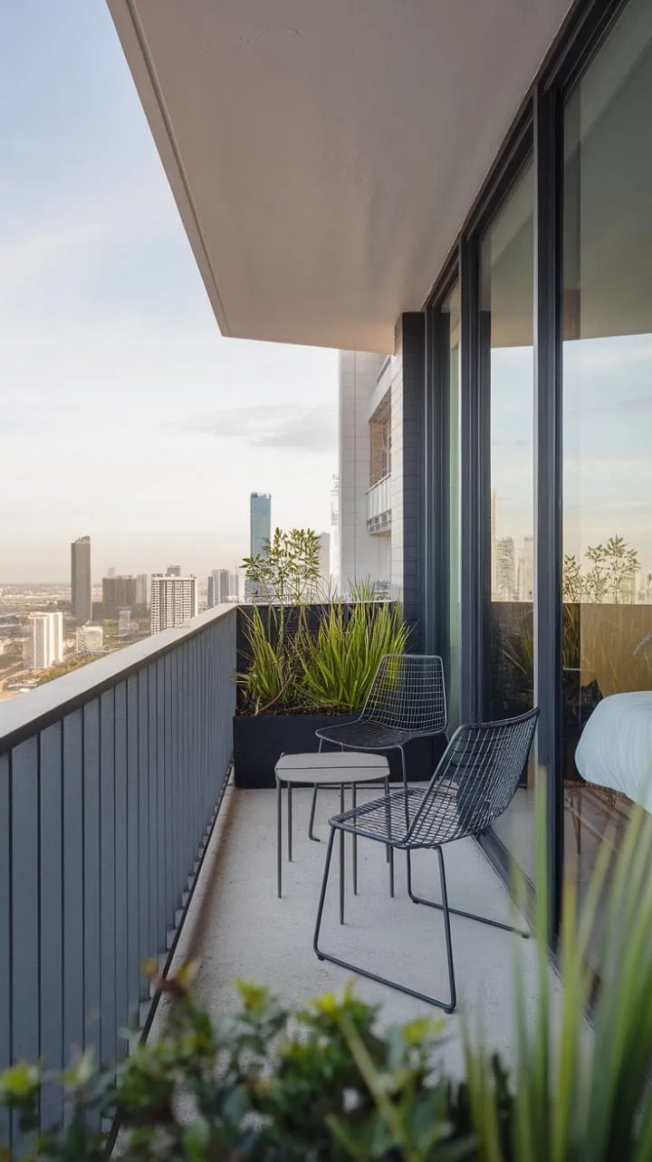 This minimalist balcony sanctuary, adorned with sleek metal furniture and lush plants, provides a serene escape with stunning skyline views amidst the city's hustle.
