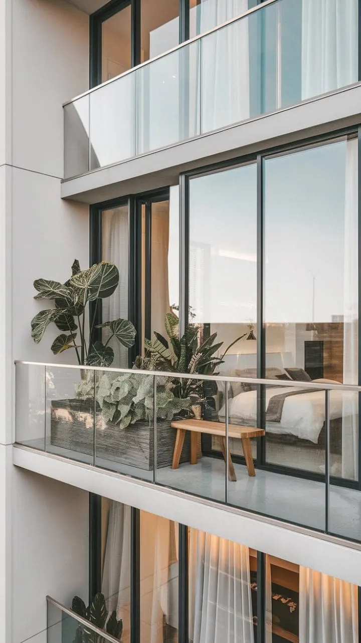Perched above the city, this sleek apartment balcony offers a serene escape with its minimalist design, inviting bench, and lush greenery amidst the urban hustle.
