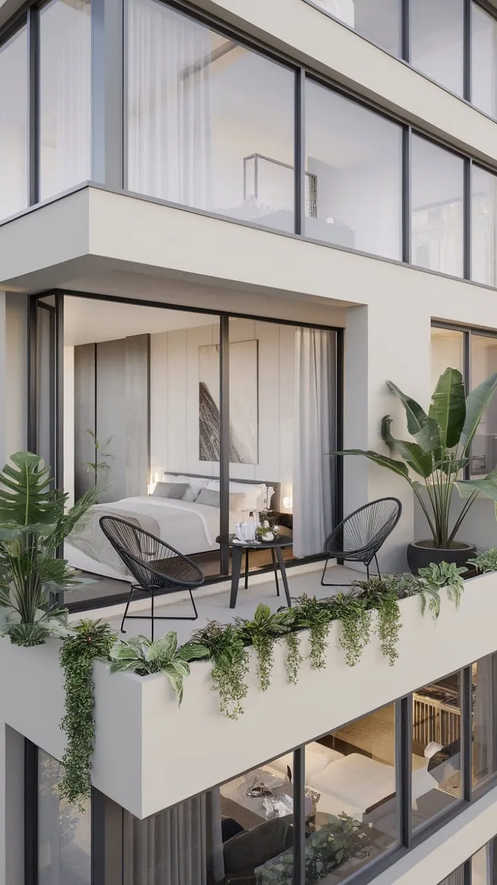 Experience serene urban living in a minimalist apartment that harmoniously merges stunning city views with lush greenery from your private balcony.