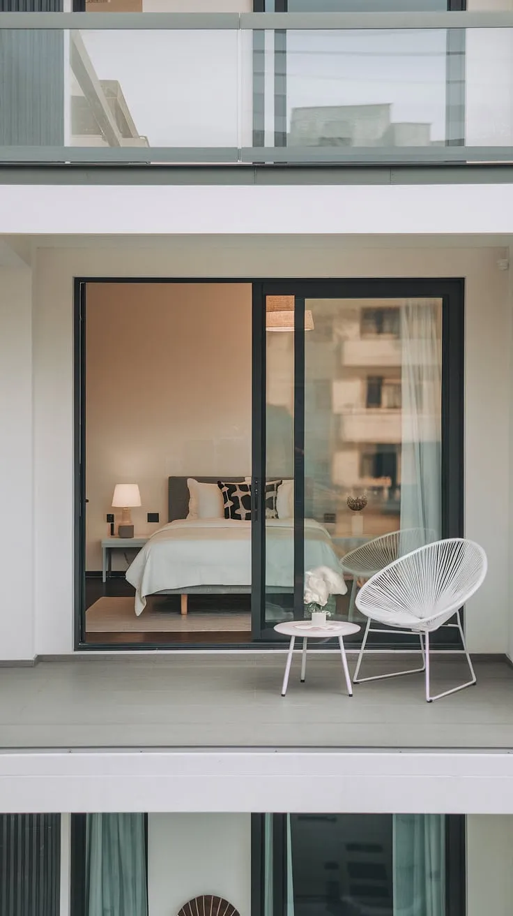 Wake up to city views and the promise of a peaceful day. This minimalist bedroom and private balcony offer the perfect blend of urban living and tranquil escape. A sanctuary awaits.