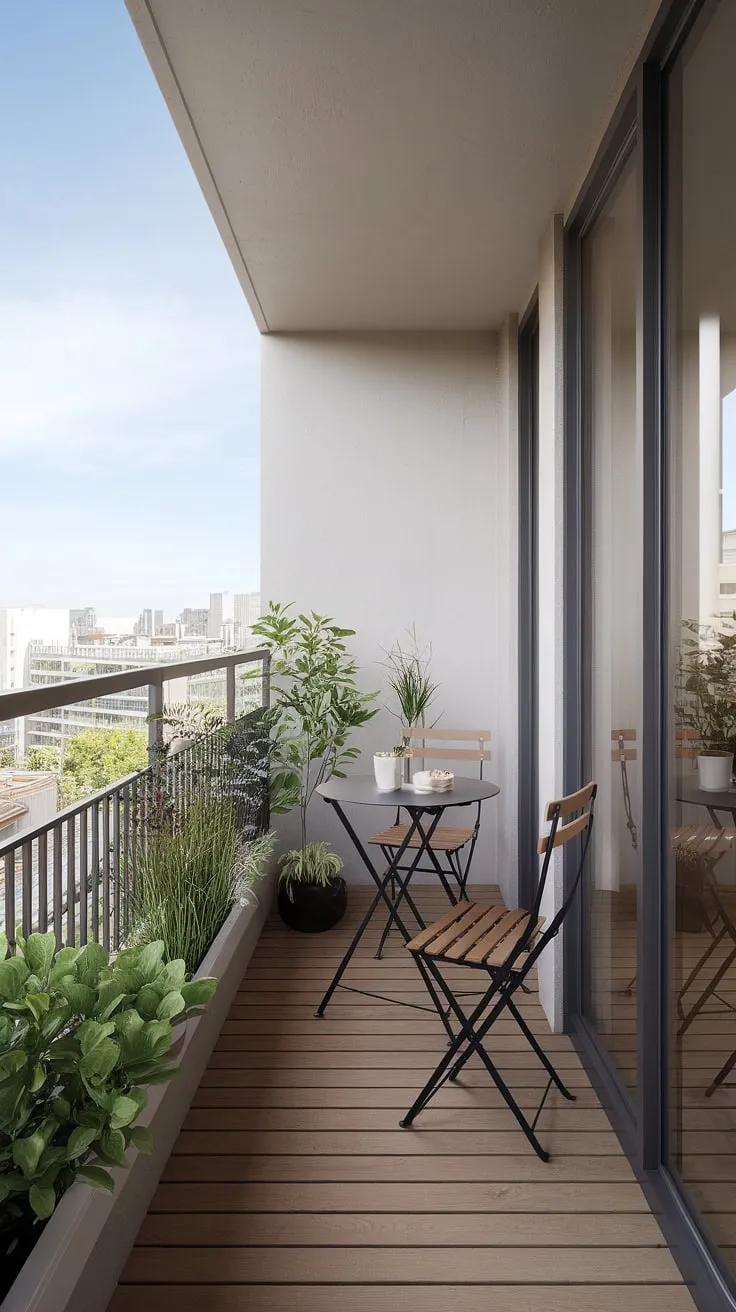 High above the city's hustle, this minimalist balcony offers a tranquil sanctuary. The sleek design and warm wooden flooring create a sophisticated space to unwind. With a few carefully chosen plants and comfortable seating, it's the perfect spot to reconnect with nature and enjoy breathtaking panoramic views.