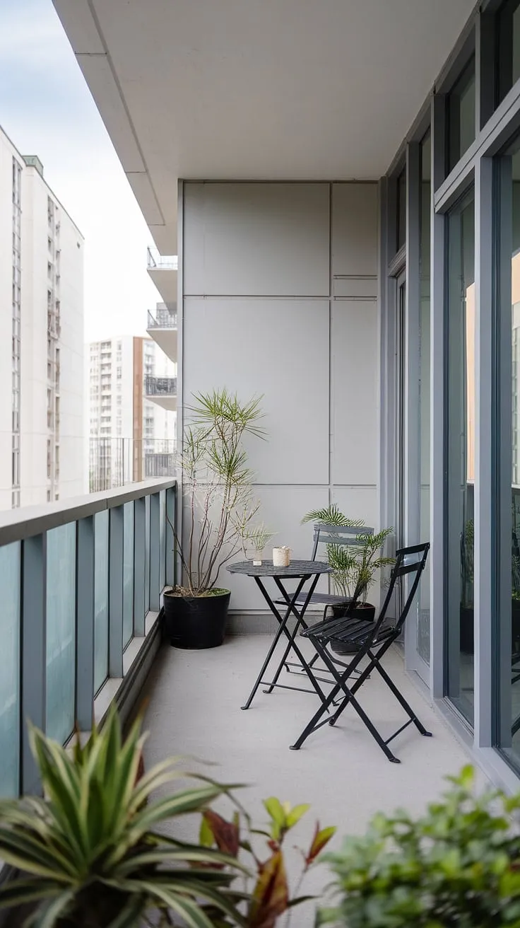 A minimalist sanctuary high above the city, where quiet moments unfold amidst the urban hum. The perfect spot for a morning coffee and contemplation, this balcony offers a serene escape from the everyday.