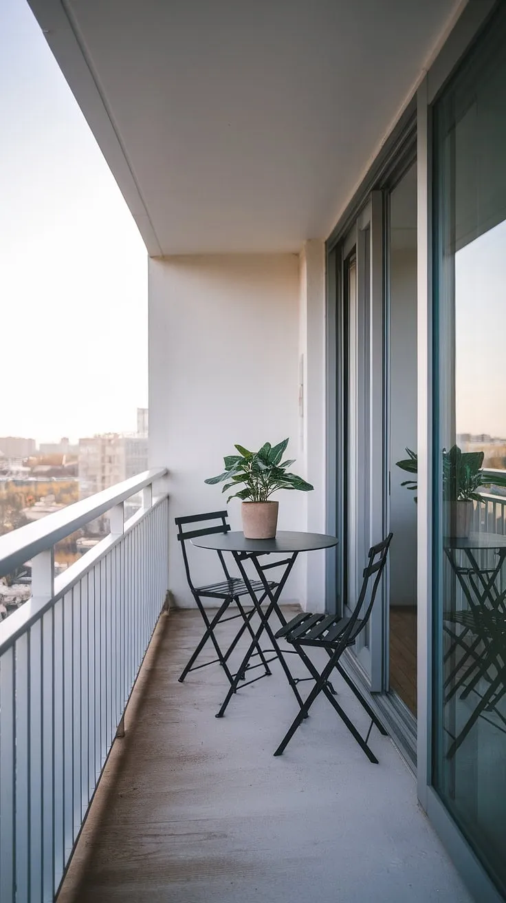 A quiet moment above the city's hum. The minimalist design of this balcony, with its clean lines and potted plant, offers a serene escape from the urban bustle. A perfect spot for a morning coffee or an evening glass of wine. A breath of fresh air, literally and figuratively.