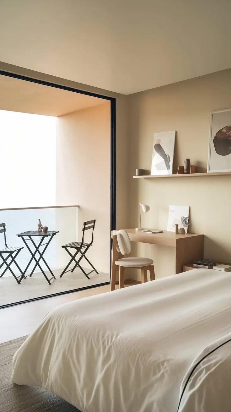 Neutral tones and clean lines define this serene bedroom retreat. The balcony, a private oasis accessible from the comfort of your bed, provides a tranquil spot for morning coffee or evening contemplation. A perfect blend of style and practicality, this space is designed for effortless living and mindful moments.