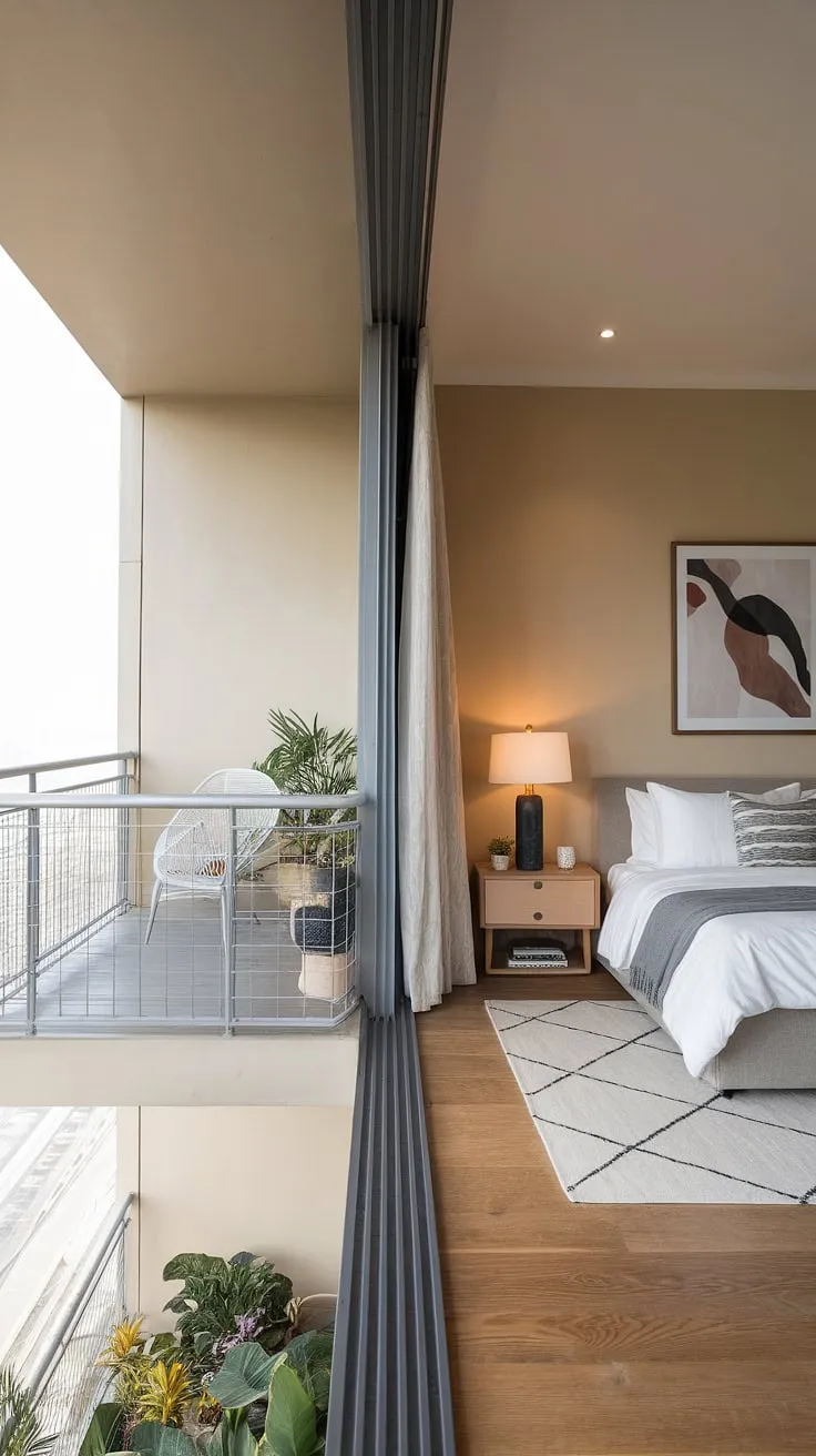 Wake up to breathtaking city views from this minimalist haven. The soft beige walls and wooden floors create a calming atmosphere, perfectly complemented by the balcony's tranquil oasis of plants and a comfortable chair for quiet contemplation. A perfect blend of urban living and serene escape.