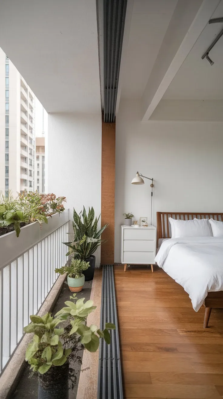 Sunlight streams through the balcony doors, illuminating this airy bedroom. A calming sanctuary, this space boasts a minimalist aesthetic with a touch of nature. The wooden floors and white furnishings create a bright and inviting feel. A truly inspiring retreat.
