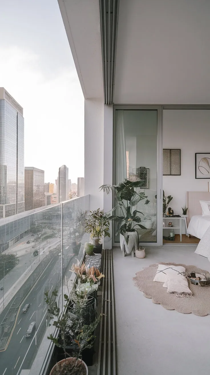 A sophisticated urban retreat. This high-rise apartment boasts a serene bedroom with panoramic city views, seamlessly extending to a private balcony-a perfect spot for quiet contemplation amidst the bustling cityscape. A testament to modern, minimalist design.
