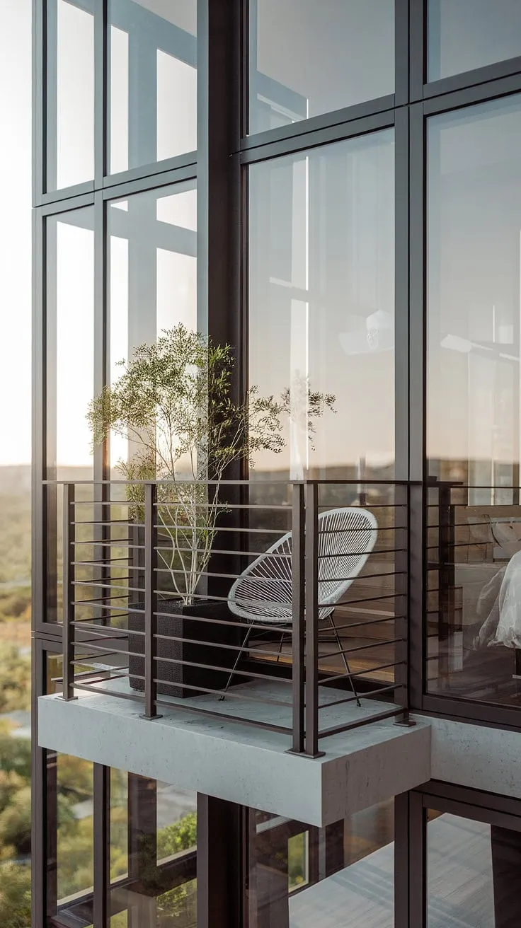 A minimalist haven. The gentle breeze, the quiet hum of the city below, and the simple elegance of this small balcony-a perfect escape from the everyday. A single plant thrives, a white chair awaits, and the large window connects this tranquil space to the comfort of home. A sanctuary found in the heart of the urban landscape.