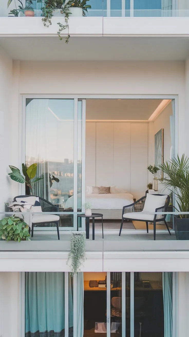 Sunlight streams through the expansive windows, illuminating the pristine white interior and highlighting the lush greenery on the balcony. This modern apartment is a sanctuary of calm, a testament to simple elegance and a sophisticated design. The perfect place to unwind and reconnect.