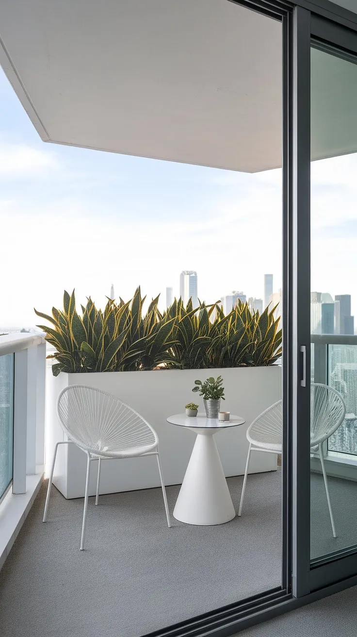 A breath of fresh air, high above the city. This minimalist balcony, with its simple white furniture and lush greenery, provides a stunning view and a peaceful retreat. A perfect example of how a small space can be transformed into a personal oasis.