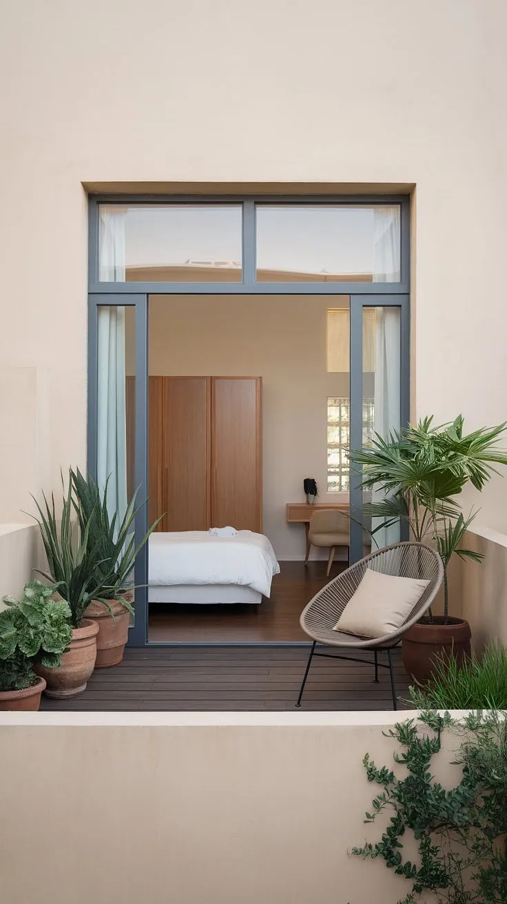 Sunlight streams into this calming bedroom, highlighting the clean lines and natural textures. A small balcony, adorned with potted plants, extends the living space, offering a tranquil escape. A perfect blend of comfort and understated elegance.