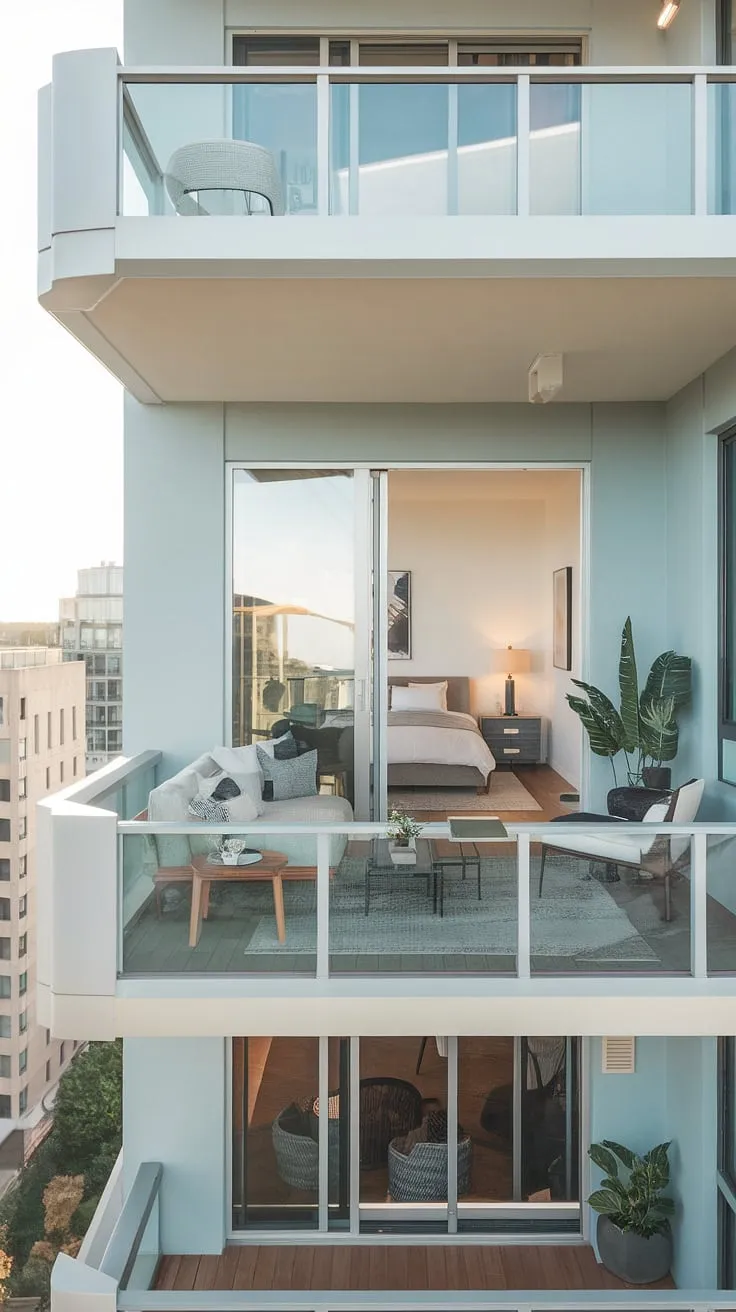 A sophisticated city escape awaits. This stunning high-rise apartment boasts sleek design, a tranquil bedroom, and a balcony perfect for enjoying a quiet evening or a morning coffee. Experience the ultimate in urban living.