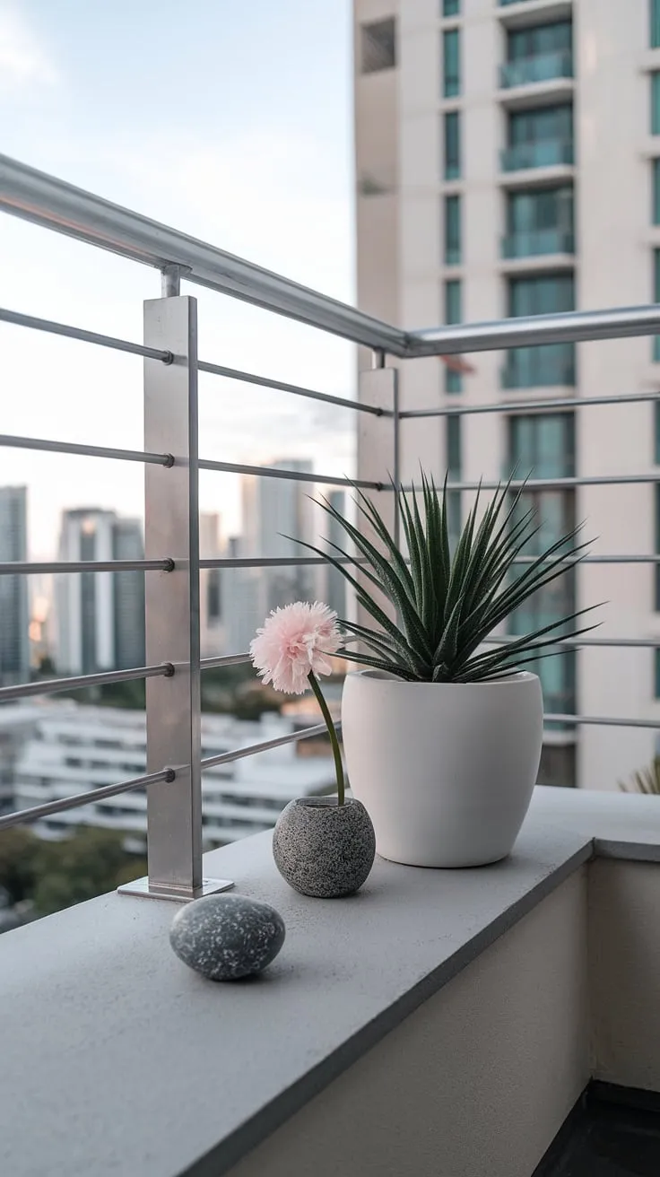 Urban serenity. A minimalist haven high above the city, where a single pink bloom and the quiet strength of a stone find their place amongst the concrete canyons. A perfect blend of nature and architecture.
