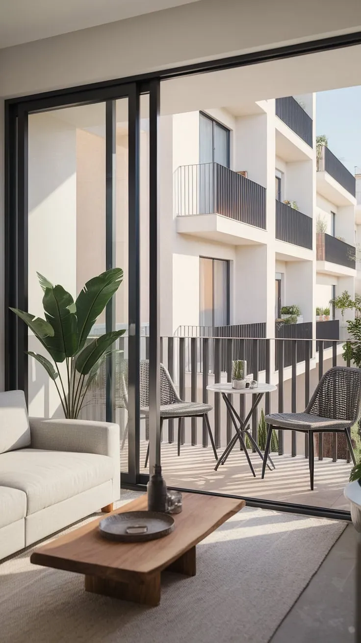 A minimalist haven, bathed in natural light, where urban living meets serene simplicity. The sleek white sofa and wooden accents create a calming atmosphere, perfectly complemented by the private balcony offering a tranquil escape from the city bustle. This apartment embodies effortless elegance.
