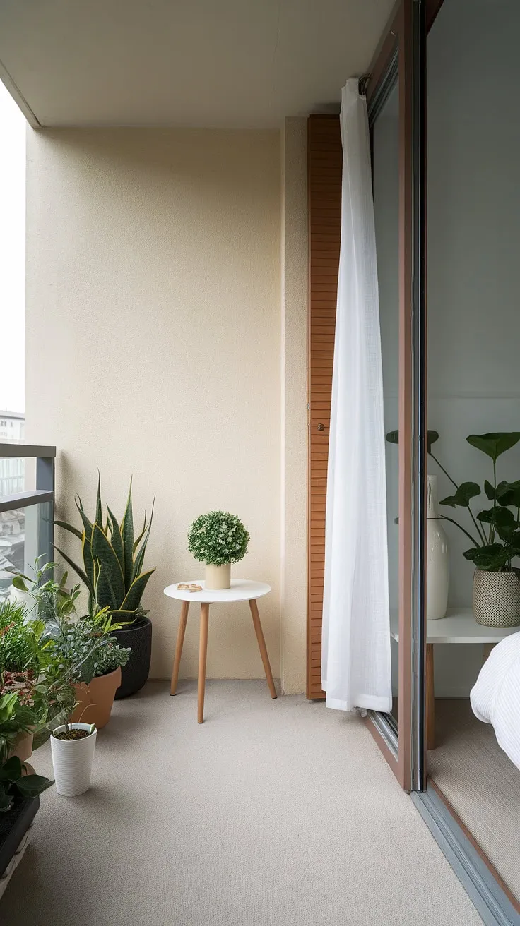 The muted tones of this modern apartment create a haven of peace. A quiet sanctuary awaits on the balcony, where potted greenery thrives under the gentle sunlight. The soft carpet, beige walls, and simple wooden door contribute to the overall feeling of calm and understated luxury.