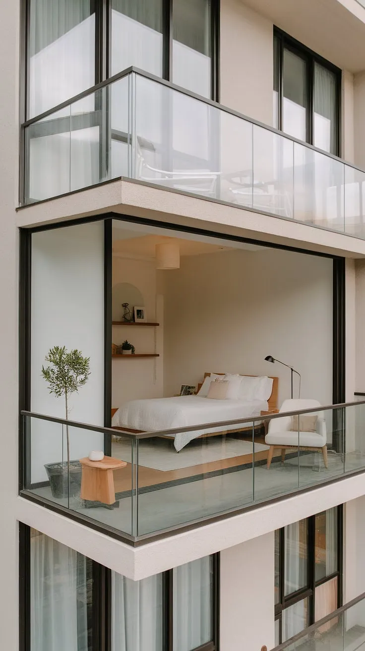 Sunlight streams into this airy bedroom, illuminating the clean lines and calming palette. The private balcony offers a tranquil spot to enjoy your morning coffee, overlooking the bustling city below. A sanctuary of simple elegance.