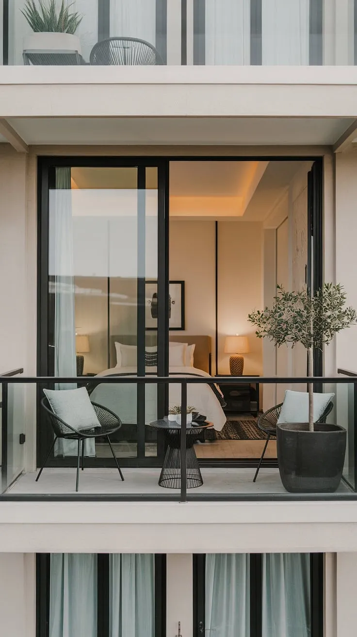 A breath of fresh air in the city. This modern apartment's balcony, complete with a and a few carefully chosen accents, provides a peaceful retreat. The easy-care design makes it the perfect spot to unwind after a long day, enjoying the simple pleasures of nature and a stunning view.