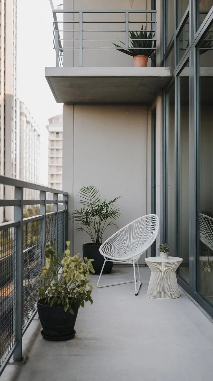 A small space, a big view. This minimalist balcony offers a peaceful escape from the bustling city below, a perfect spot to unwind and appreciate the simple things. A tranquil retreat in the heart of it all.