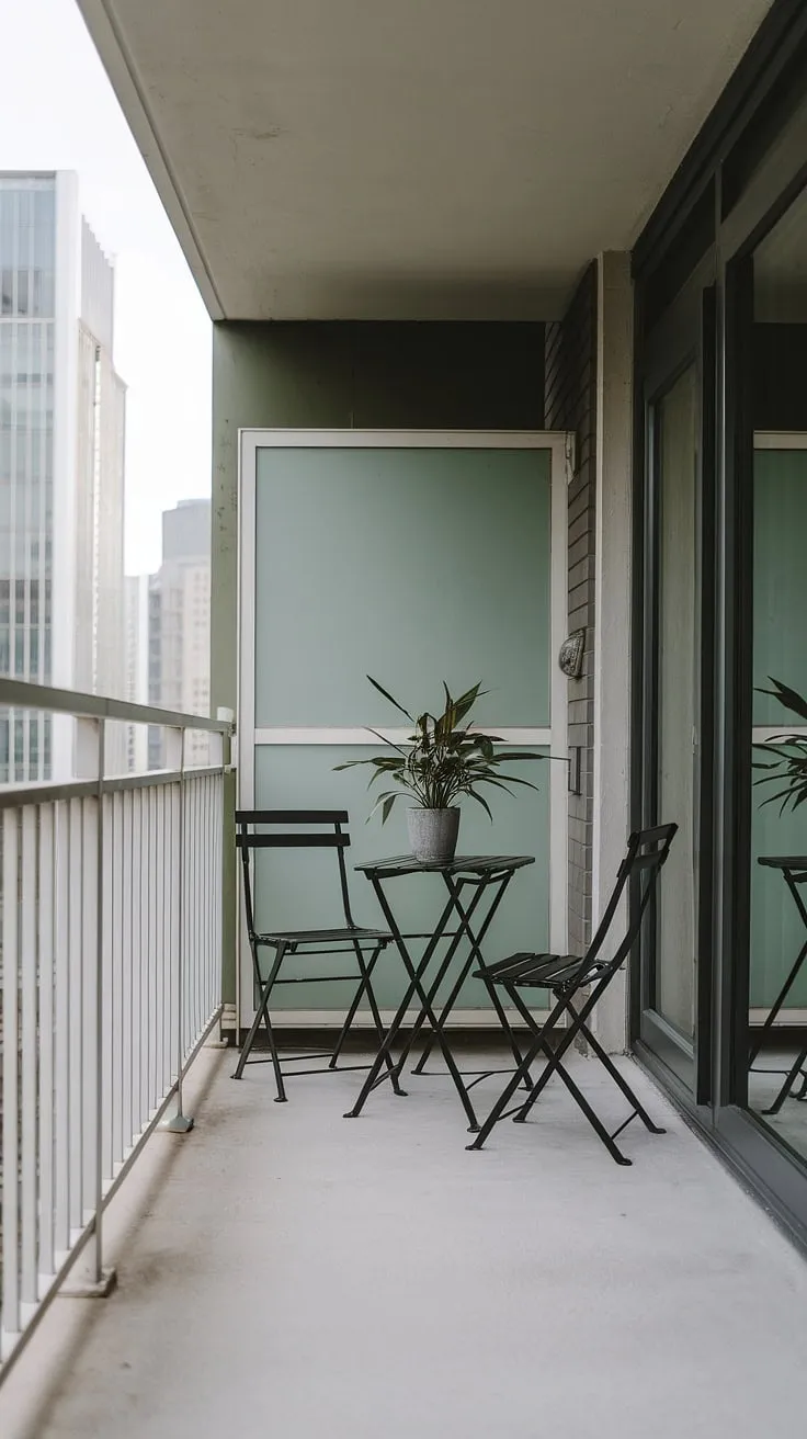 Urban oasis. A minimalist balcony retreat, perfect for quiet contemplation and enjoying the city views. A simple table, two chairs, and a touch of green create a serene escape from the bustling cityscape below.
