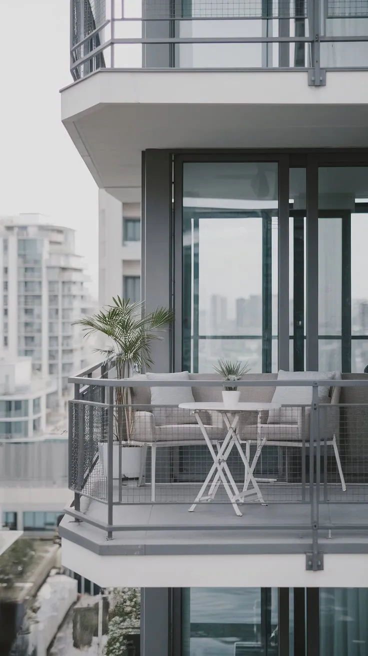 A sophisticated city retreat. This minimalist apartment boasts stunning panoramic views from its private balcony, complete with comfortable seating. A perfect space for unwinding after a long day, enjoying a quiet evening, or entertaining friends. A true urban oasis.