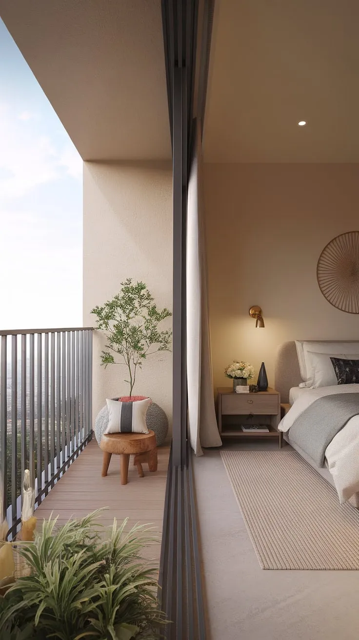 A calming retreat awaits. This modern bedroom, complete with a private balcony offering stunning high-rise perspectives, is a testament to understated elegance. A simple yet sophisticated space, perfect for unwinding after a long day.
