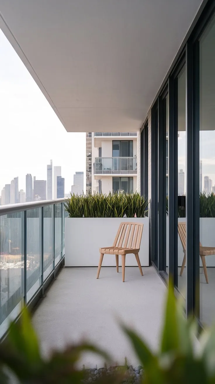 City views and quiet moments. A minimalist balcony sanctuary, perfect for unwinding after a long day, offers a tranquil escape from the urban bustle. A simple chair, a touch of greenery, and the sprawling cityscape-a perfect blend of nature and A modern city life.