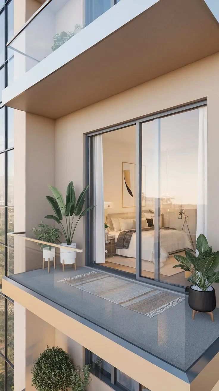 Wake up to breathtaking city views from this top-floor haven. The minimalist bedroom seamlessly flows onto a serene balcony, creating a sanctuary of calm and modern elegance. A perfect blend of indoor and outdoor living.