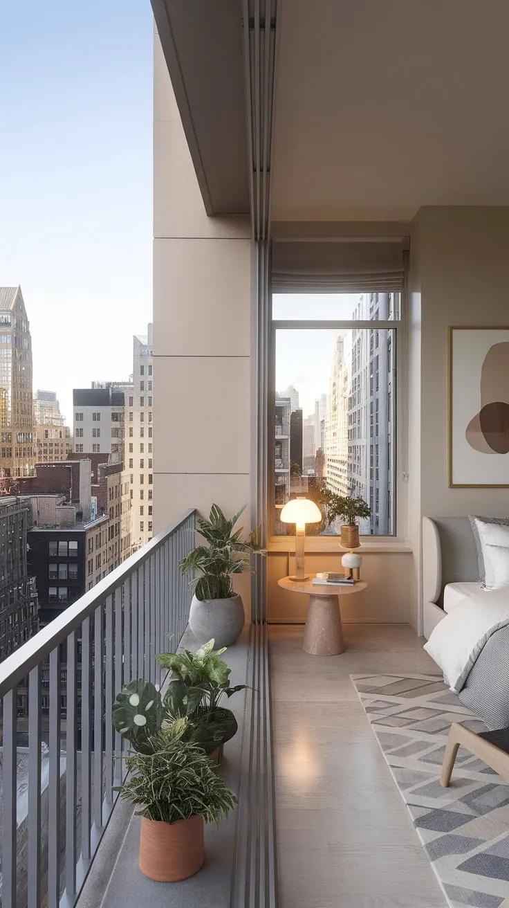 Wake up to breathtaking city views from this minimalist haven. The soft beige and grey tones create a calming atmosphere, perfectly complemented by the cozy bedroom and the tranquil balcony offering a private escape amongst the skyscrapers. A perfect blend of urban living and serene comfort.