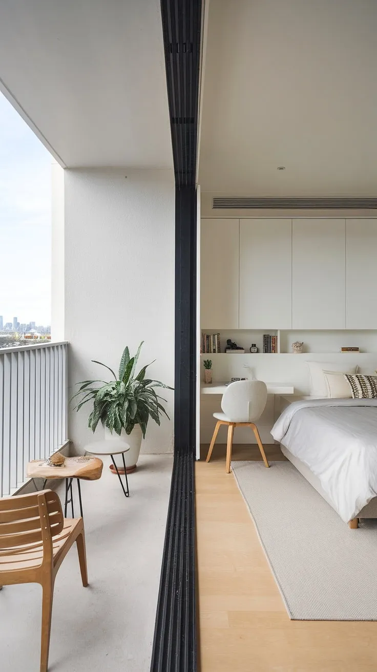 Modern living at its finest. This light-filled bedroom boasts a stunning cityscape view, accessible through a private balcony perfect for morning coffee. The clean lines and functional design create a calming space, ideal for unwinding after a long day. A truly inspiring retreat.