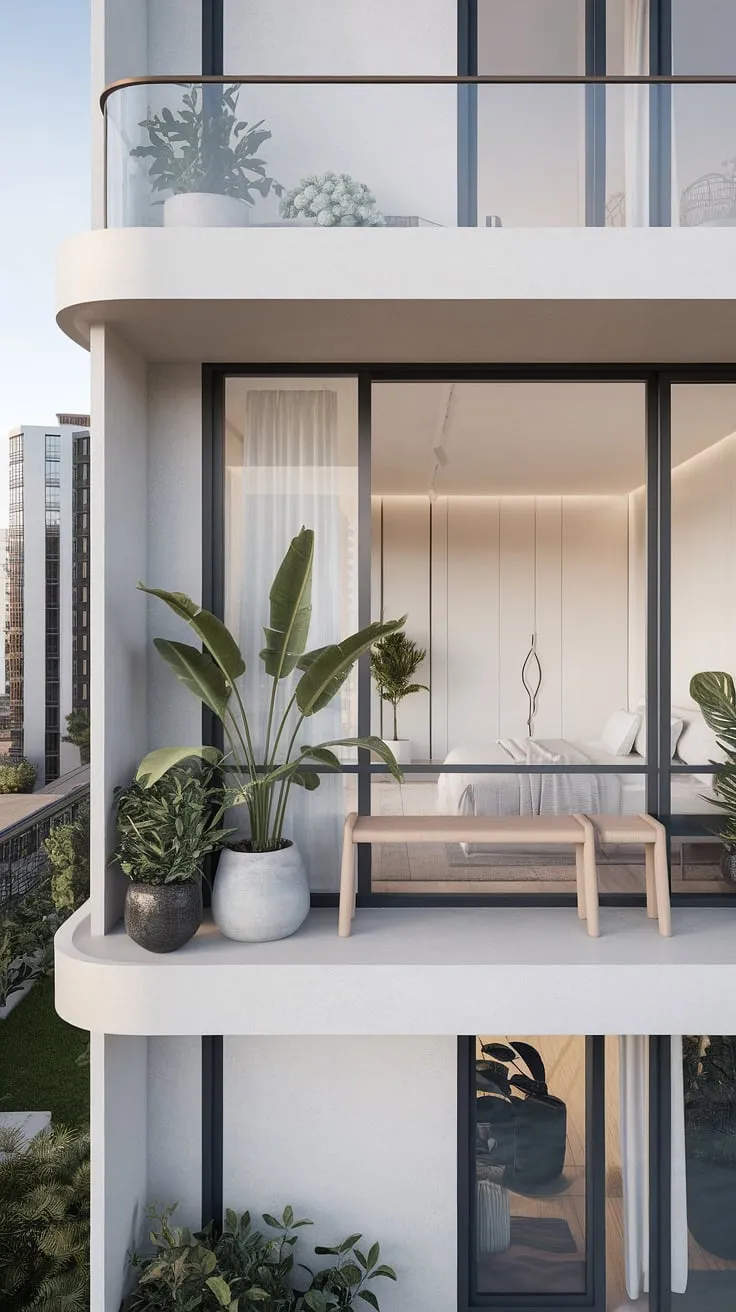 Sunlight streams through the large windows, illuminating the airy bedroom and showcasing the stunning city panorama beyond. A simple wooden bench on the balcony provides the perfect spot to enjoy your morning coffee, surrounded by potted plants. This apartment's clean lines and functional design create a peaceful and inspiring living space; a testament to modern minimalist living.