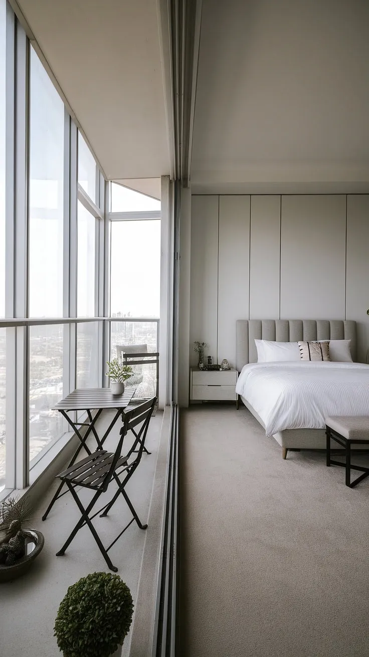 Modern living at its finest. This high-rise bedroom boasts stunning city vistas, accessible from a private balcony perfect for quiet contemplation or enjoying your morning coffee. The minimalist design emphasizes clean lines and natural light, creating a tranquil retreat.