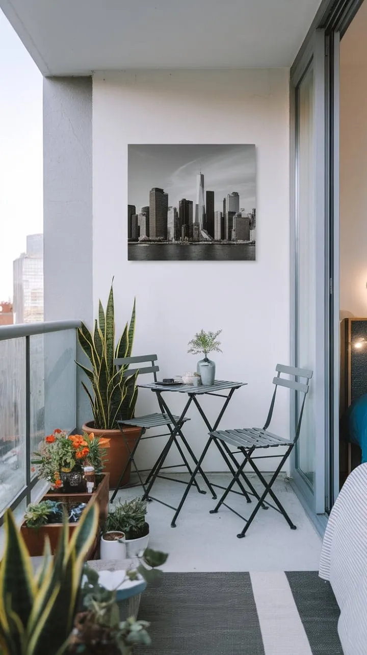 This airy apartment, bathed in sunlight and adorned with city skyline art, features a tranquil balcony oasis perfect for unwinding amidst urban life.