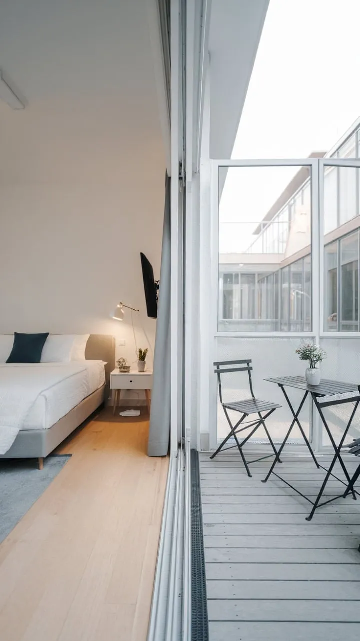 Bathed in sunlight, this serene bedroom features a private balcony that invites relaxation while showcasing the city's hidden treasures.