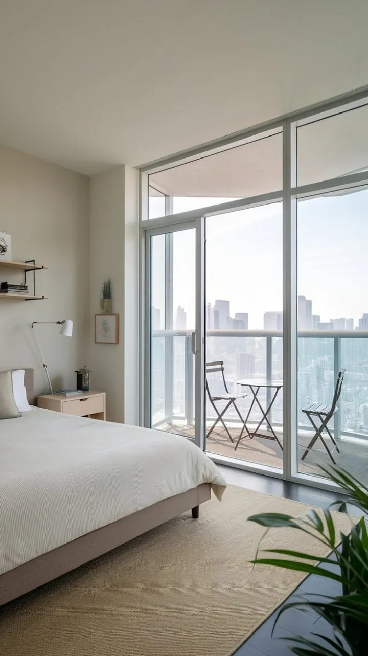 Experience serene city living in this minimalist haven, where calming greys and soft beiges harmonize with vibrant greens and an inviting balcony, ideal for morning coffee and reflection.